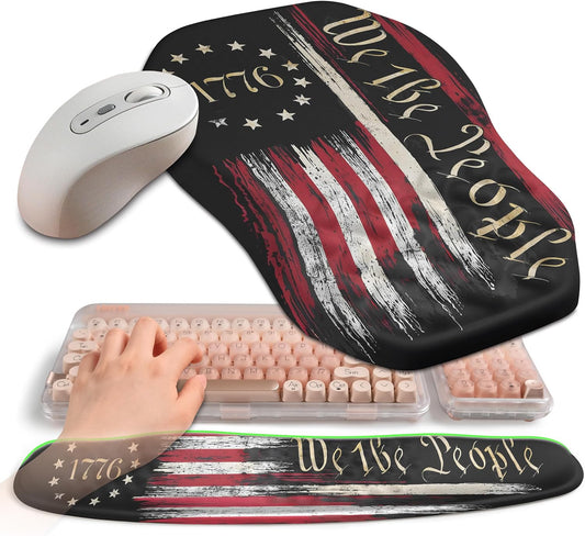 2-in-1 Ergonomic Set, Wave Keyboard Wrist Rest and Massage Slope Mouse Pad Wrist Support, Rebound Memory Foam for Relieve Carpal Tunnel Syndrome and Wrist Pain (Flag)