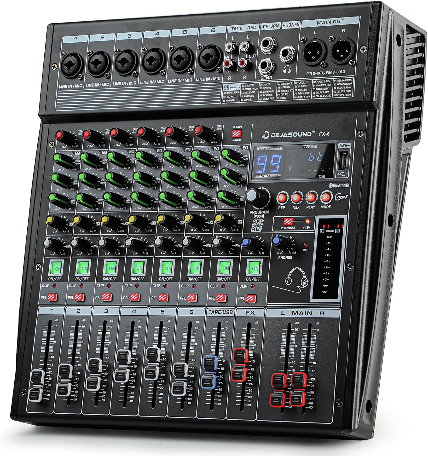 6-Channel Professional Audio Mixer, FX-6usb Mixing Console with XLR Inputs, Bluetooth, 99 DSP Effects, MP3, USB Interface for Podcast, Music, Recording, PC 13.39"x3.54"x12.60"inches