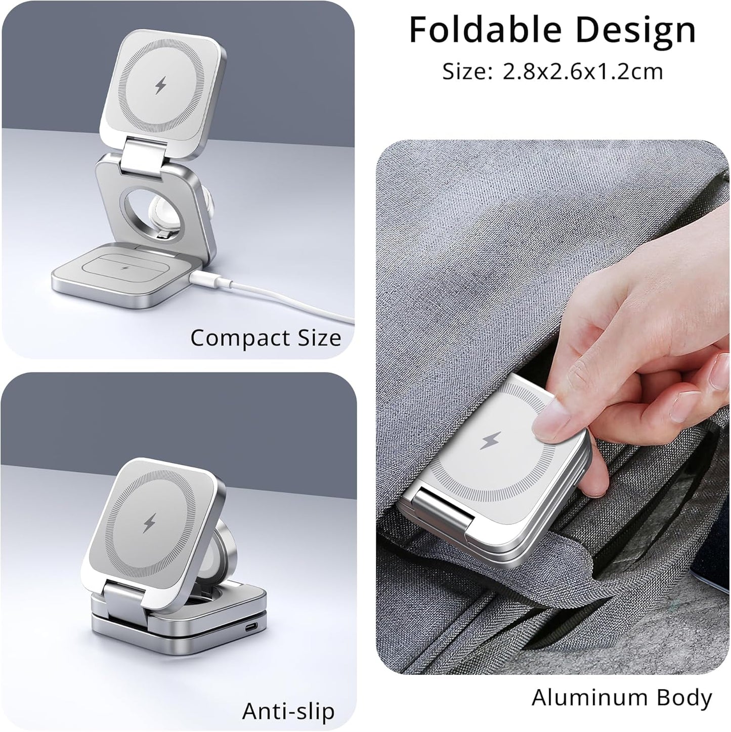 LULULOOK 3 in 1 Wireless Charger, Foldable Charging Station 15W Fast Mag-Safe Charger for Apple 15 14 13 12, 5W for Apple Watch, AirPods 3/2/Pro