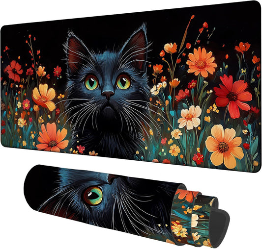 Black Cat and Flowers Gaming Mouse Pad 3mm Thick Stitched Edge Waterproof Non-Slip Large Computer Keyboard Mouse Mat,Suitable for Office Entertainment Decorative Desk Pad 35.4 x 15.7 Inches