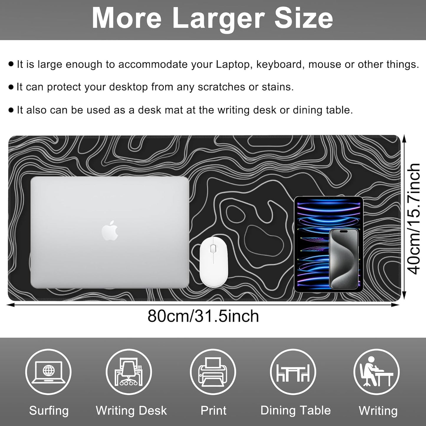 Mouse Pad, Large Mountain Topographic Terrain Map Desk Mat, Extended Non-Slip Gaming Keyboard Mousepad Desk Pad, Thick Stitched Edges Waterproof Mouse Mat 31.5"x15.7" (White Topographic Line Art)