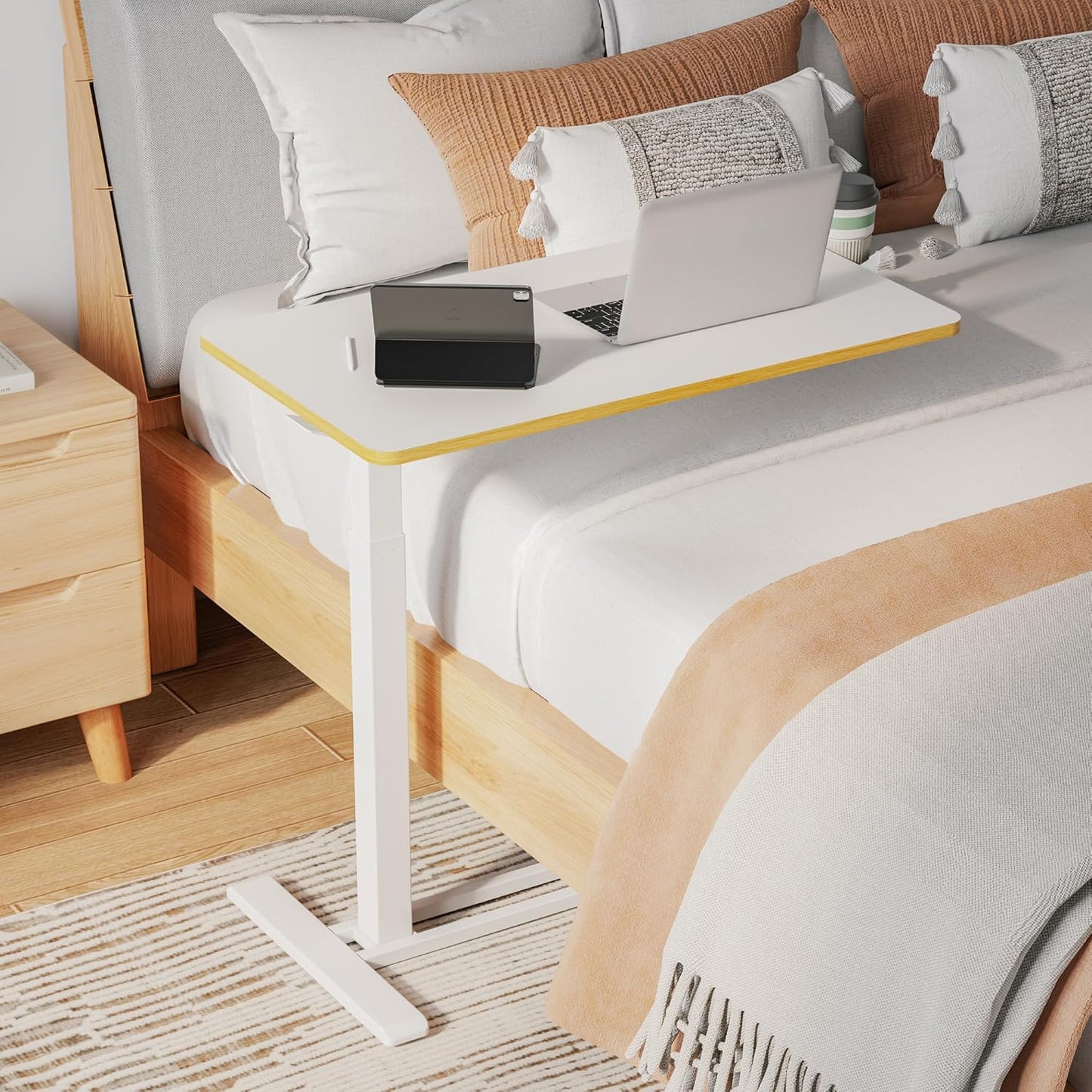 SANODESK Medical Adjustable Overbed Bedside Table with Hidden Casters, Pneumatic Mobile Laptop Computer Standing Desk Cart with Tray, Hospital and Home Use(31.5" W x 17.7" D, White)