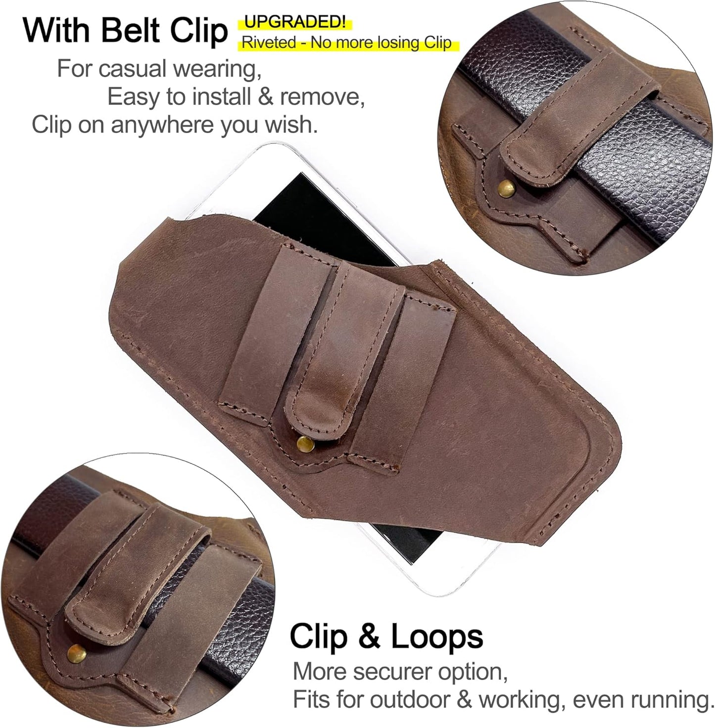 TobbinGear Leather Cell Phone Holster with Belt Clip, Leather Belt Pouch, Universal Phone Case on Belt for Men, Phone Holder for Smartphone, Right Handed, Dark Brown, Medium