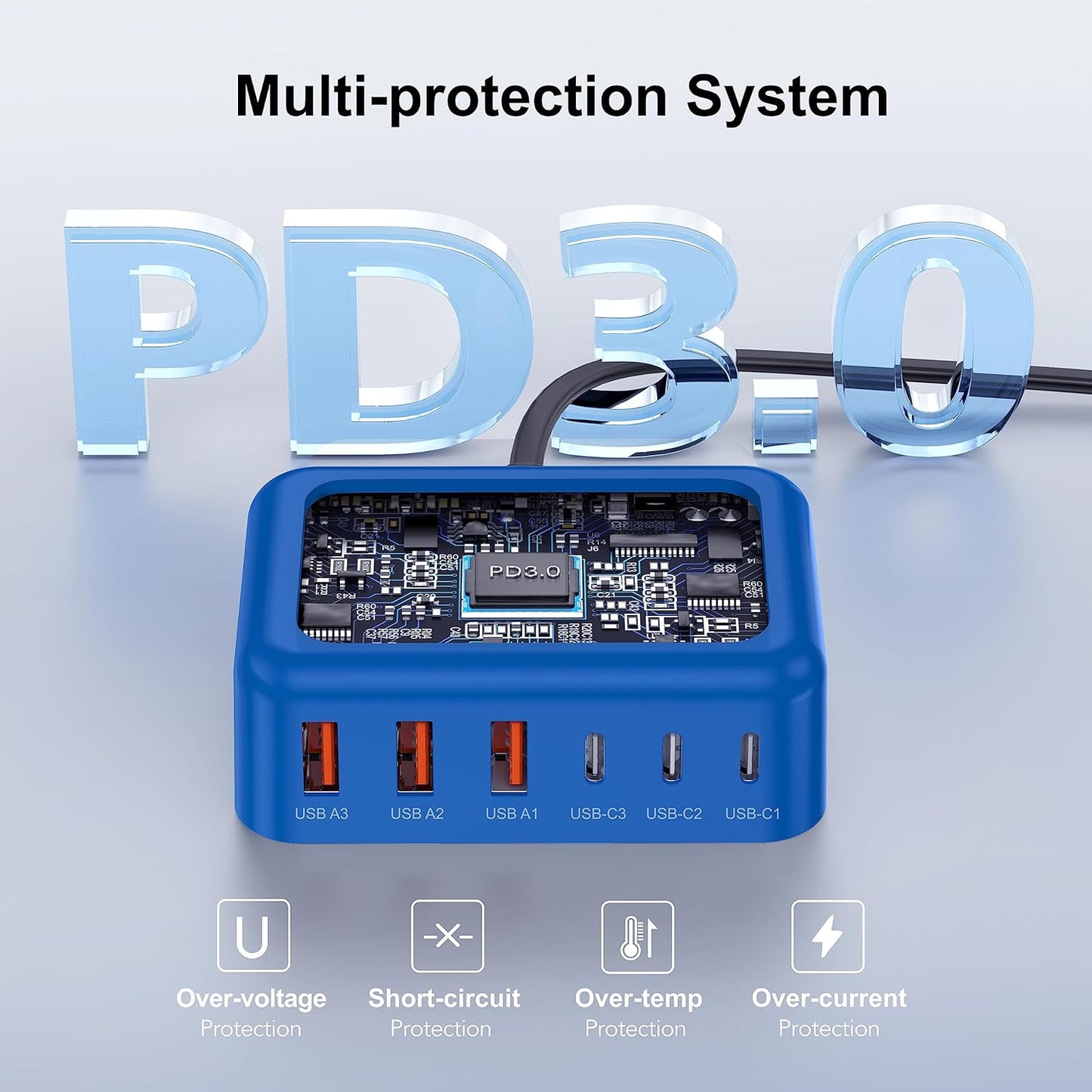 USB C Fast Charger 100W GaN 6 Port Type USB C Charging Station Hub Block Wall Charger Power Strip Adapter Plug Cube Brick 3 USB A for iPad iPhone16 15 14 13 12 11 Pro Max Pixel Note Galaxy