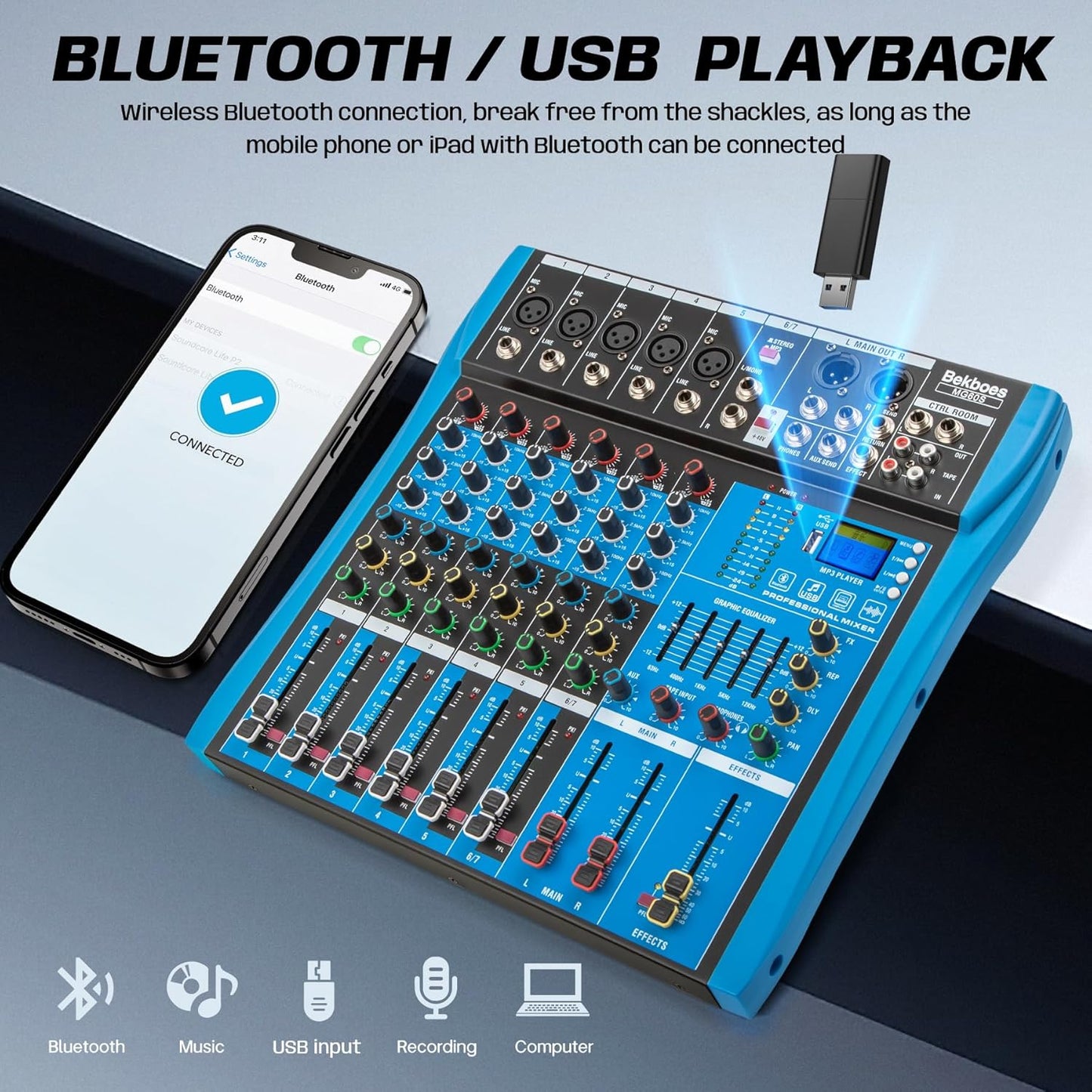 Professional Audio Mixer, 6 Channel, Input 48V Phantom Power Stereo Digital USB Bluetooth MP3 Computer Input, Build-in 16 Effect DSP, for Recording, Live Streaming, Podcasting MG60S