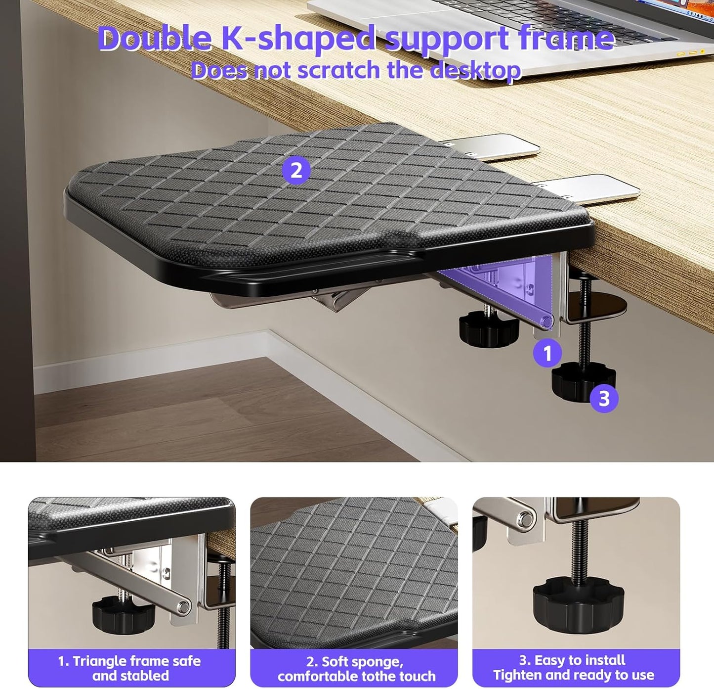 Arm Rest for Desk, 90°Foldable Computer Wrist Rest Shelf with Sponge Padding, Clamp on Arm Support, Ergonomic Sturdy Desk Extender for Office & Home, Durable & Easy to Install (Black)