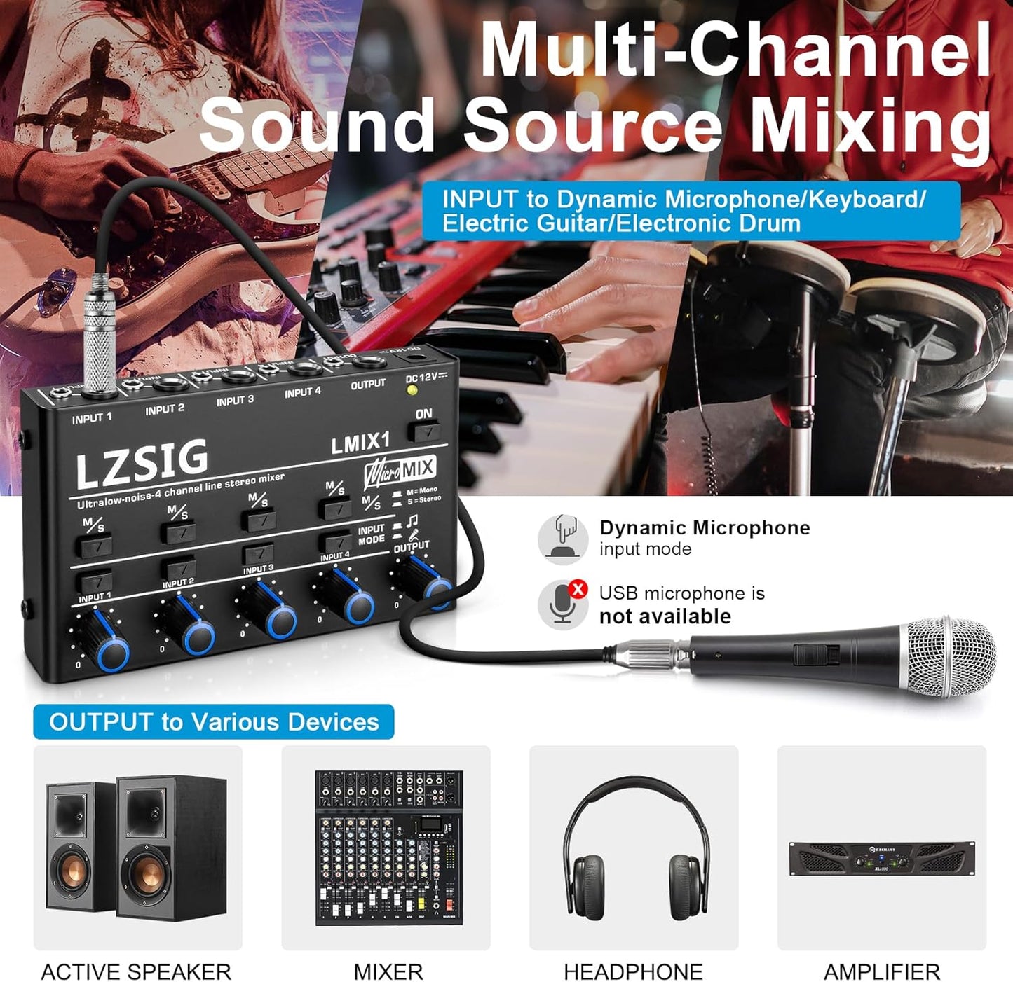 LZSIG Mini Audio Mixer, Stereo Line Mixer for Sub-Mixing, Ultra Low-Noise, 4-Channel, Dynamic Microphone Independent Control, 1/4" & 1/8" TRS Output and Input for Guitars,Bass,Keyboards