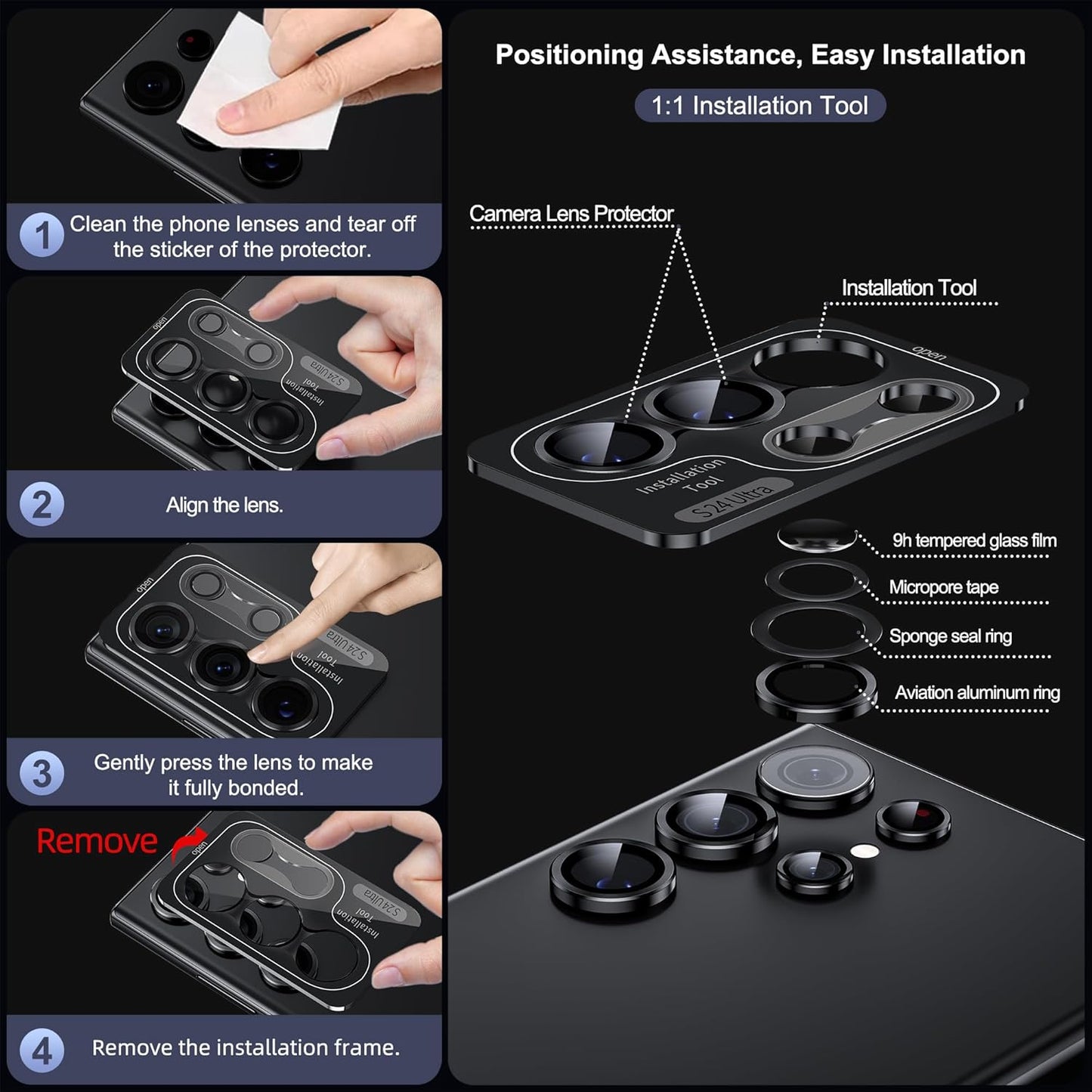 WSKEN for Samsung Galaxy S24 Ultra Camera Lens Protector, Ultra Thin Scratch Resistant 9H Tempered Glass with Aluminum Metal Circle Camera Screen Protector Cover Accessories, Black