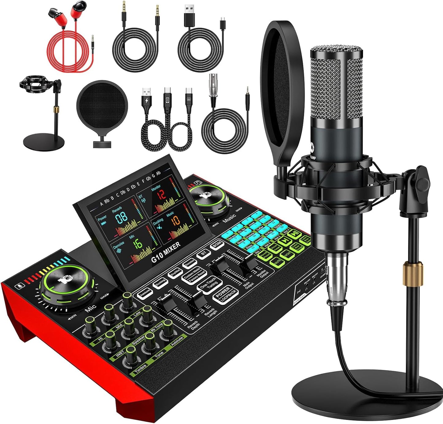 Podcast Microphone Bundle with Live Sound Card Audio Mixer, 3.5mm Condenser Microphone for PC/Phone Streaming and Singing, Podcast Equipment Bundle with Voice Changer sound board