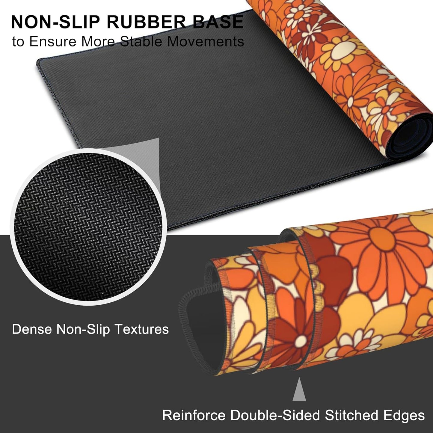Mouse Pad, Large Retro Boho Hippie Flower Desk Mat, Extended Non-Slip Gaming Keyboard Mousepad Desk Pad, Thick Stitched Edges Waterproof Mouse Mat 31.5"x15.7" (Vintage Groovy Floral)