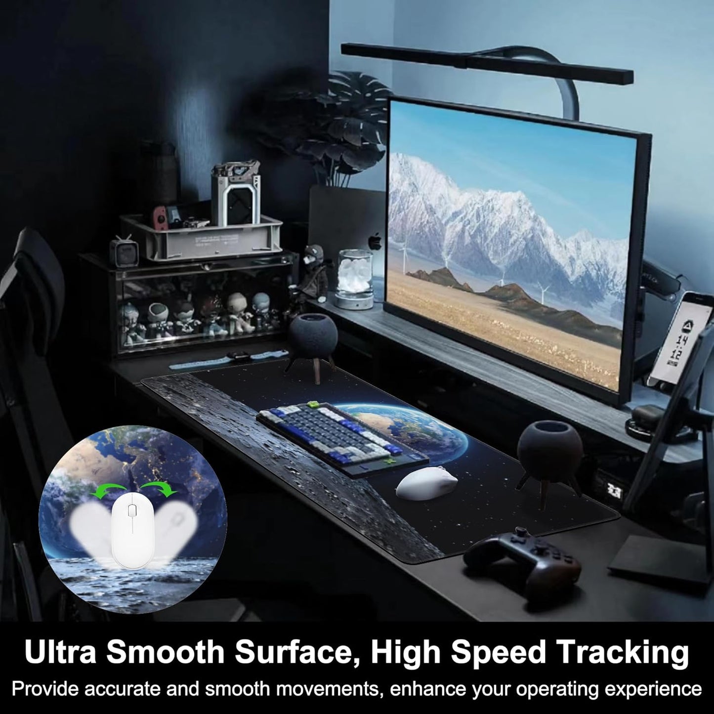 Mouse Pad, Large View of Earth from The Moon Surface Desk Mat, Extended Non-Slip Gaming Keyboard Mousepad Desk Pad, Thick Stitched Edges Waterproof Mouse Mat 31.5"x15.7" (Beautiful Blue Earth)