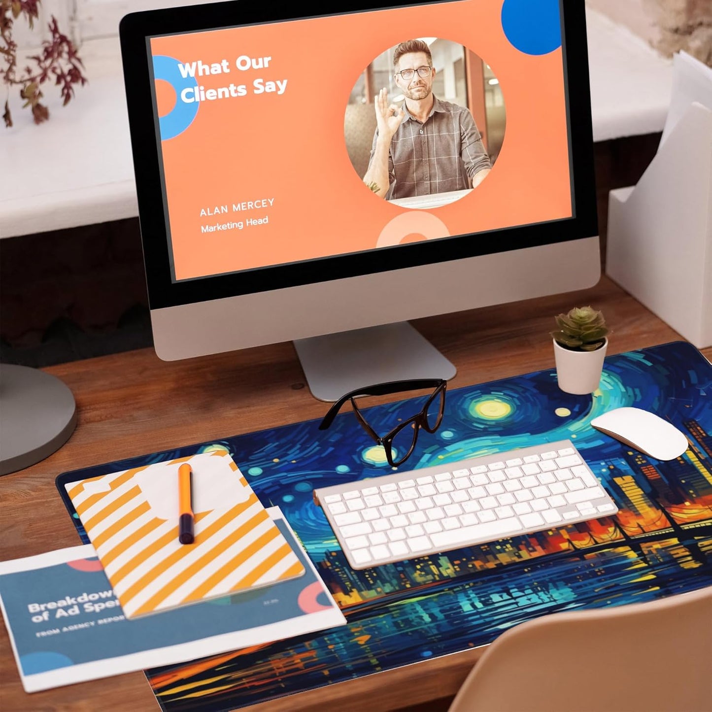 Desk Pad,City Starry Night Desk Mat,Abstract Oil Painting Large Gaming Mouse Pad for Desk,Extended Big Computer Keyboard Mouse Pad with Non-Slip Base and Stitched Edge,35.4"x15.7"