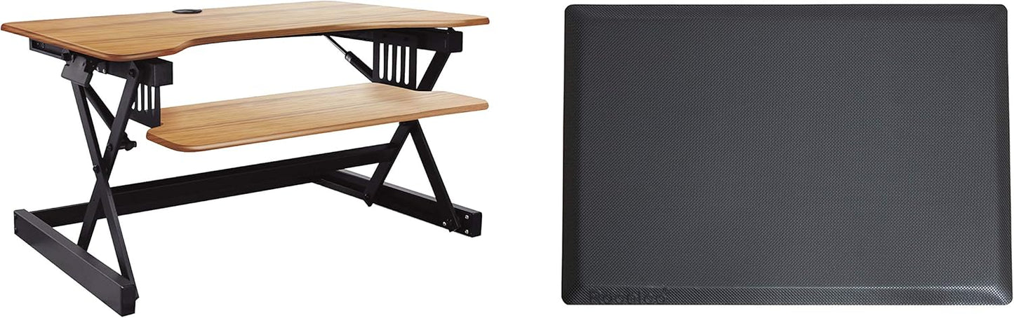 Rocelco 32" Height Adjustable Standing Desk Converter BUNDLE - Sit Stand Computer Workstation Riser with Anti Fatigue Mat - Dual Monitor Retractable Keyboard Tray - Teak Wood Grain (R EADRT-MAFM)