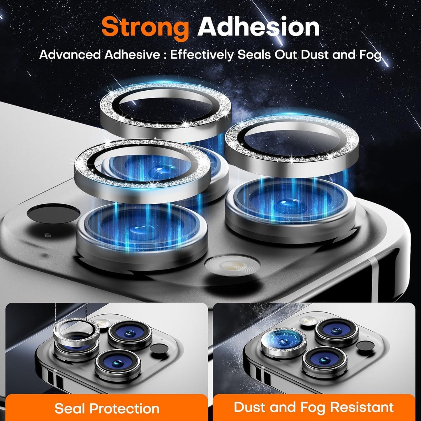 Camera Lens Protector for iPhone 16 Pro Max/16 Pro/15 Pro Max/15 Pro/14 Pro Max/14 Pro, Sapphire Glass Metal Individual Camera Cover Screen, Anti-drop, Case Friendly- Glitter White Titanium