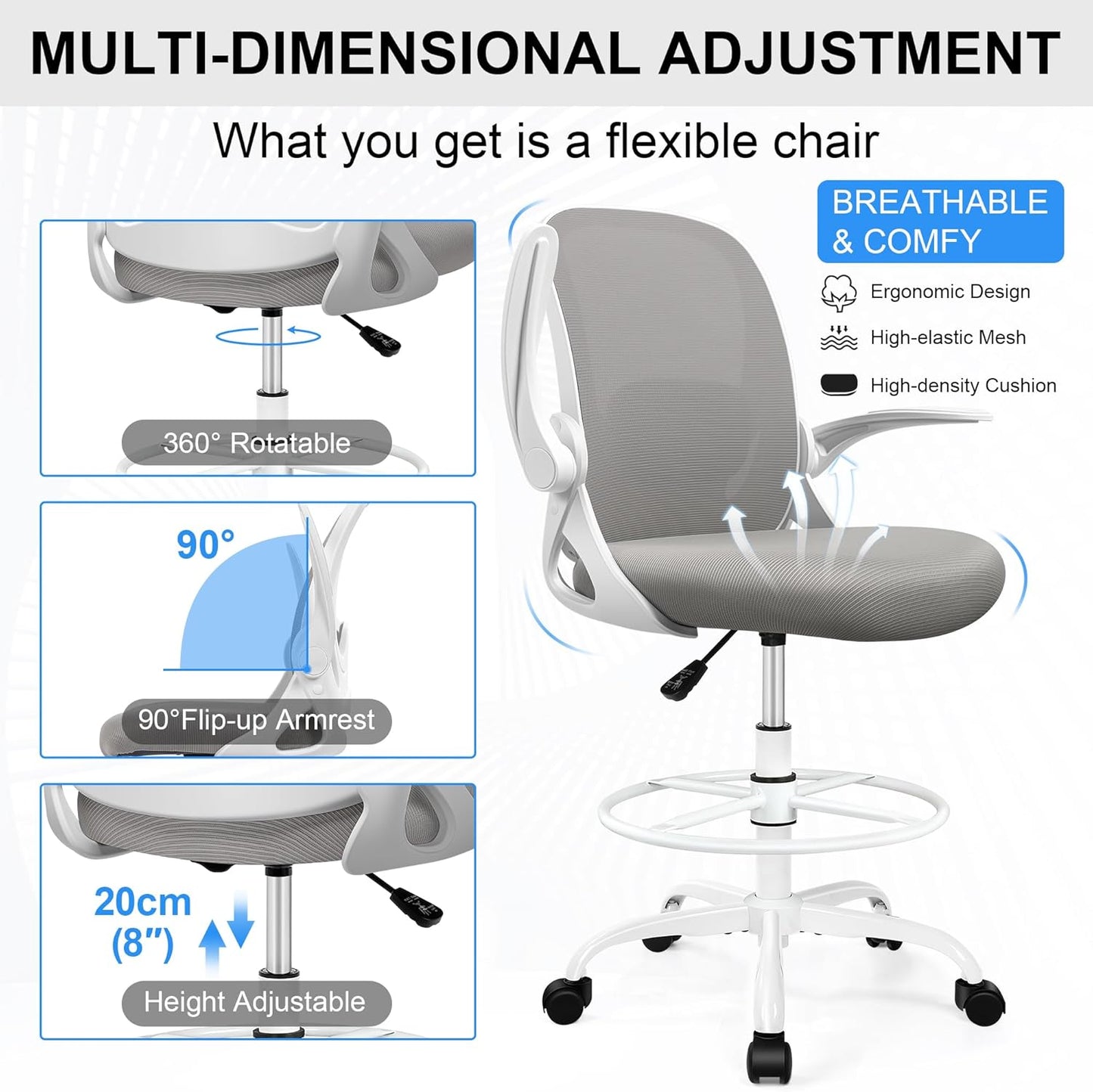 Drafting Chair Tall Office Chair with Flip-up Armrests, Adjustable Height, and Enhanced Lumbar Support - Ergonomic Rolling Stool, Back Support, and Adjustable Foot Rest Ring for Standing Desk Gray