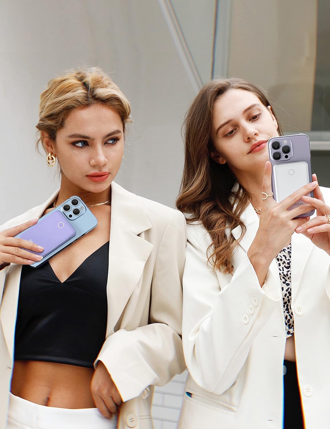 2-Pack 6000mah Ultra Slim Built in Cables Power Bank, Card Size Built in USB C Cords Battery Pack Portable Charger for Phones, 3 Output External Battery Pack Compatible with iPhone, White & Purple