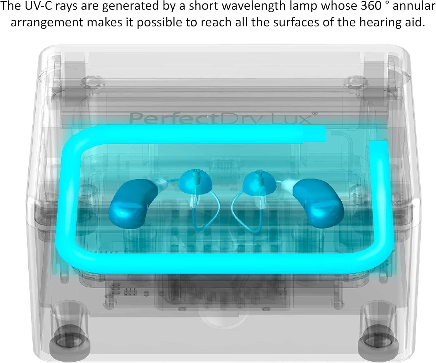 PerfectDry LUX | World's Fastest Hearing Aid Dryer, Dehumidifier Accessory | UV-C Ultraviolet Light Box Kit | Removes Sweat & Moisture from Hearing Aids, Airpods, Wireless Earbuds, Ear Amplifiers