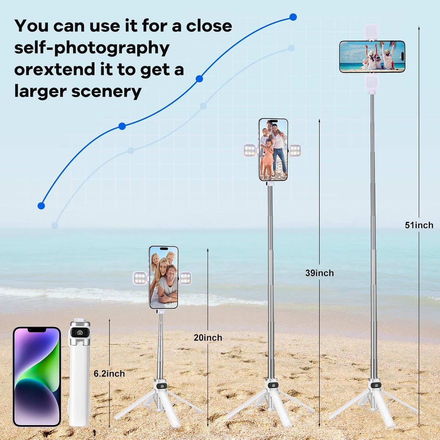 Mini Phone Tripod Stand,MQOUNY 38" Phone Tripod &Selfie Stick with Wireless Rechargeable Remote & Removable Light, Extendable Tripod Stand 360 Rotation Compatible with Phone&Android Samsung (White)