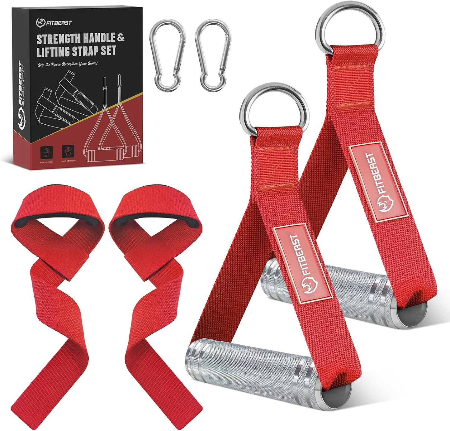 FitBeast Aluminum Exercise Handles & Lifting Straps Set - Replacement Gym Handles for Cables Machine, Pulley System, Strength Trainer, Pull Down Workout Handles, Pilates, Home Gym Cable Attachments