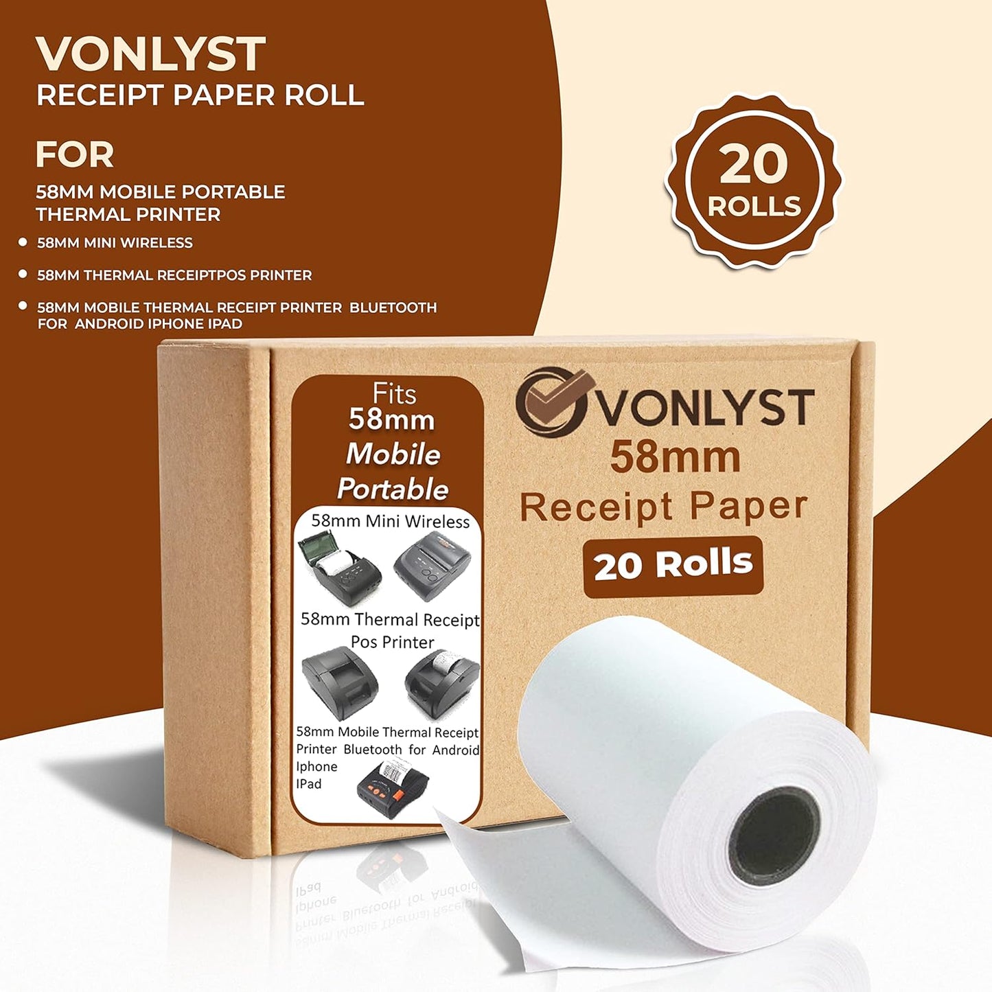 Receipt Paper Roll for 58mm Mobile Portable Thermal Printer (Pack 20 rolls)