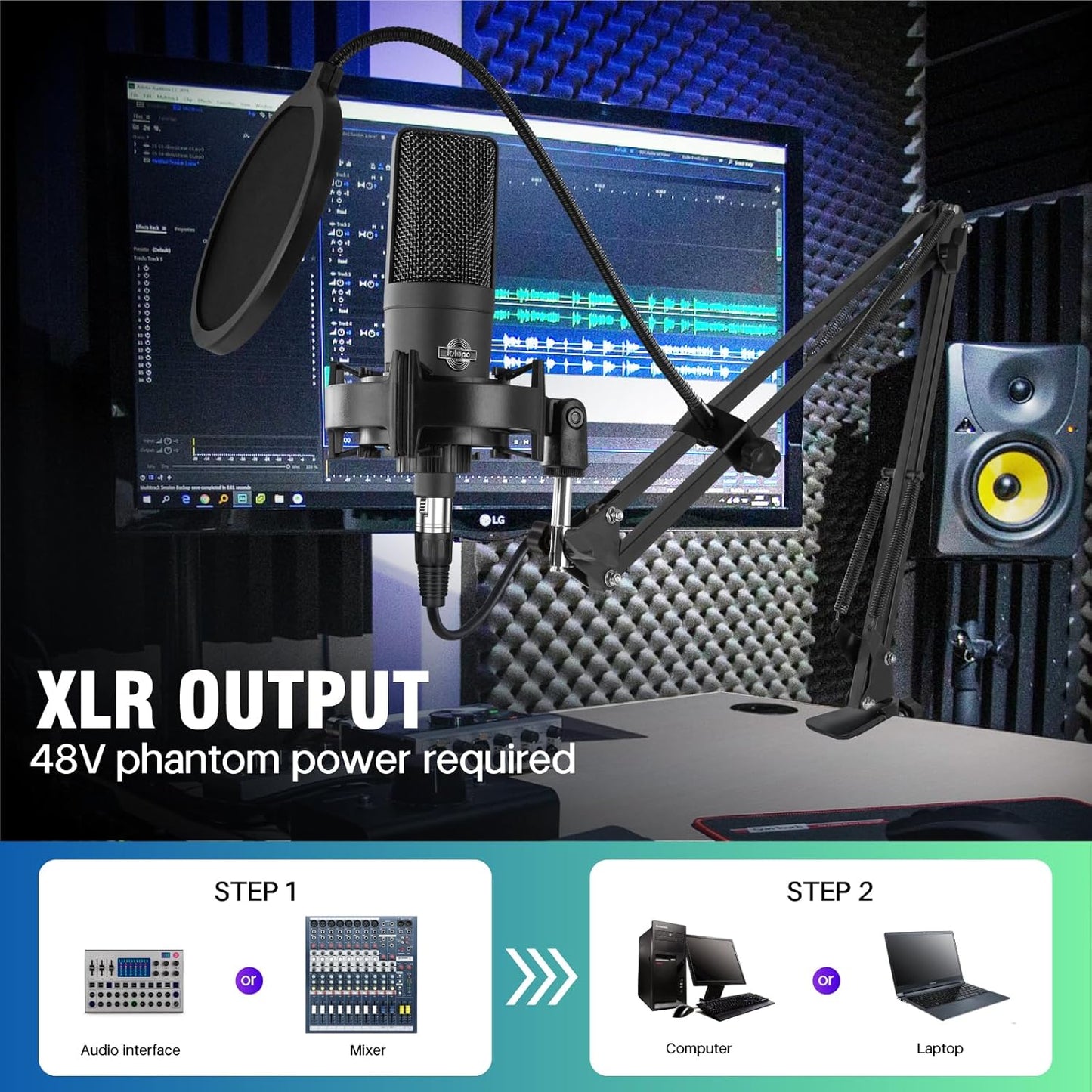 Condenser Microphone XLR Professional Studio Recording Microphone Kit for PC Computer with Boom Arm,Cardioid XLR Podcast Microphone for Streaming,Gaming,Singing,Voice Over,ASMR,YouTube