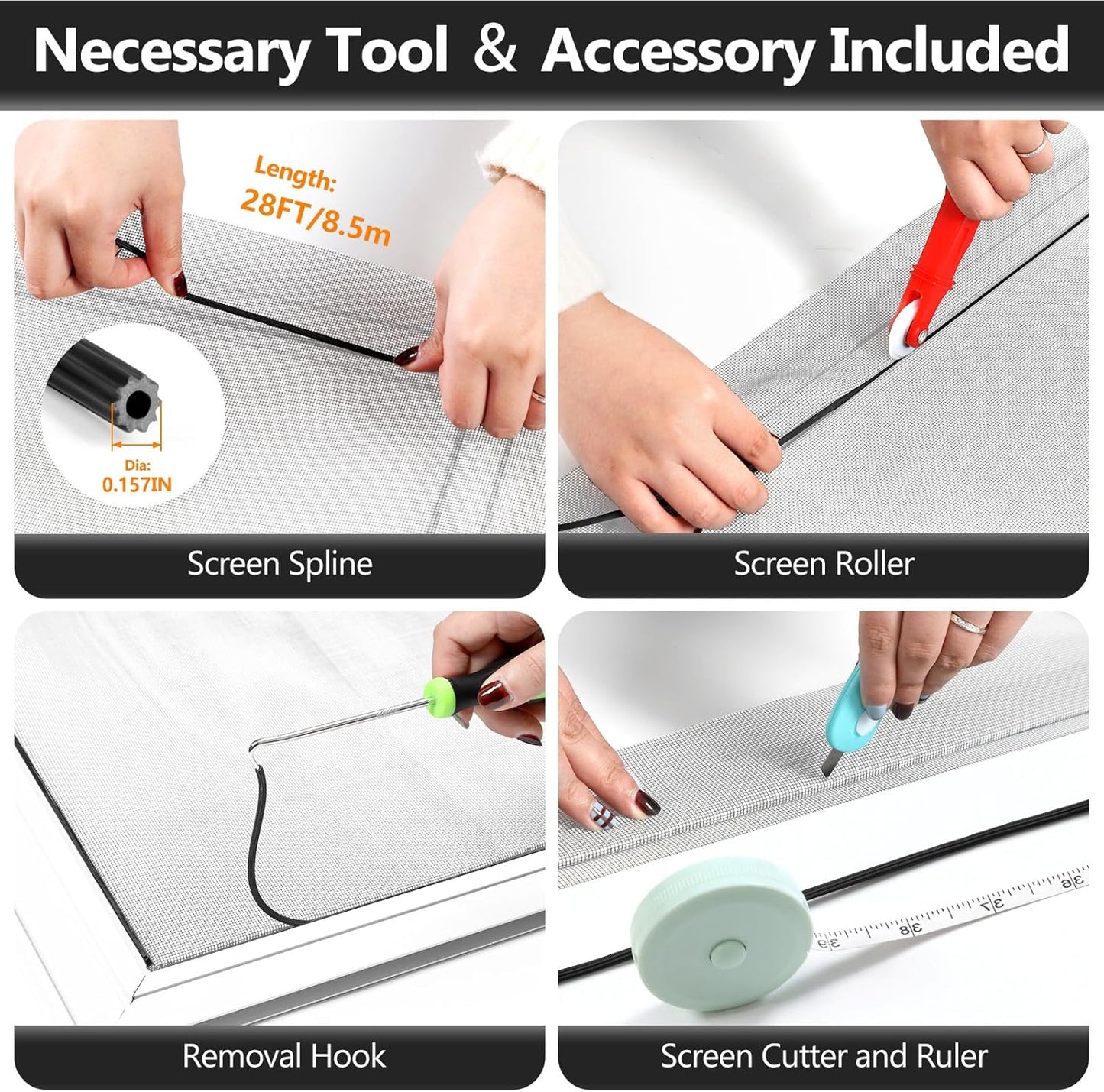 Window Screens Replacement Repair Kit, Grey Screen Door Mesh Replacement Kit, Durable Fiberglass Mesh Roll with Tools for Windows Doors Patio and Porch, 48in x 118in