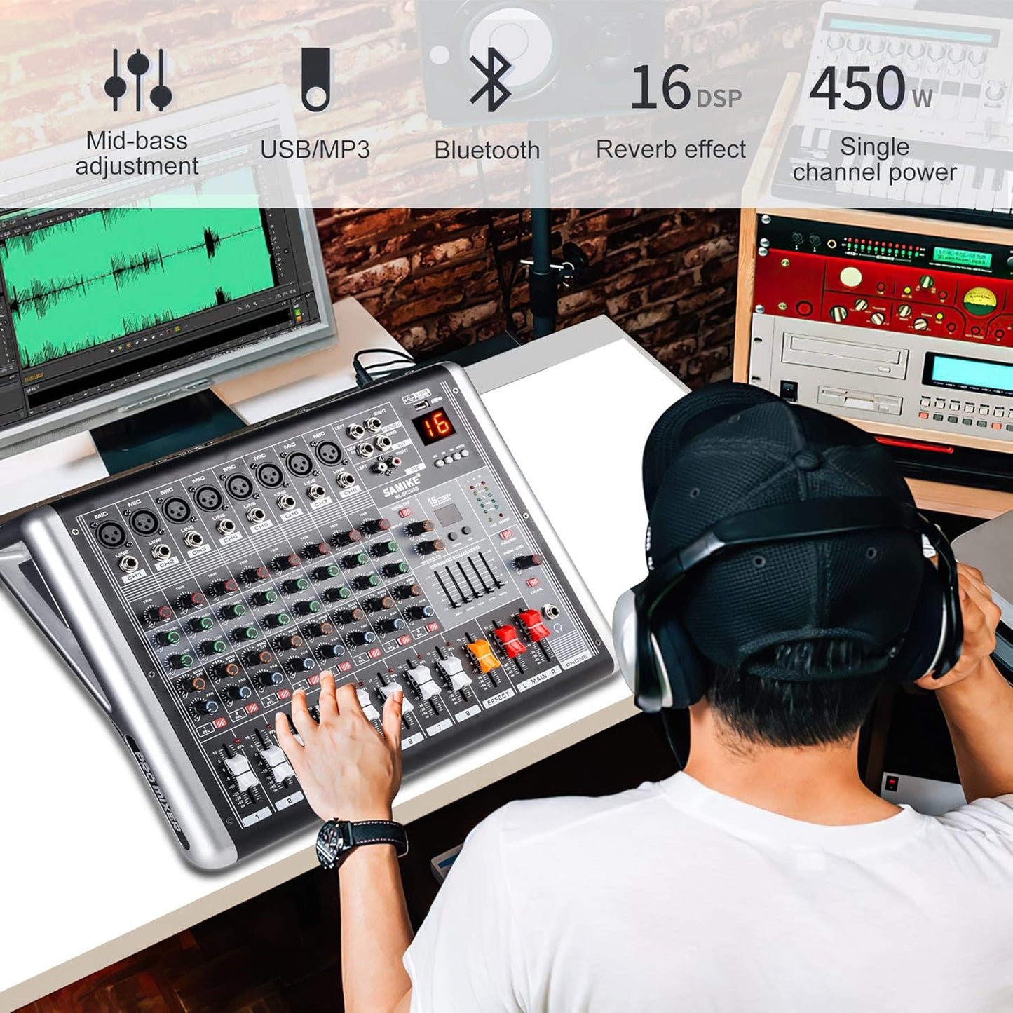 Mixers Audio 8 Channel Mixer Power Mixer Amplifier 2 * 300 Watt Output Dj Mixer Board with 16 Kinds of DSP Reverb Sound Mixers for Speakers