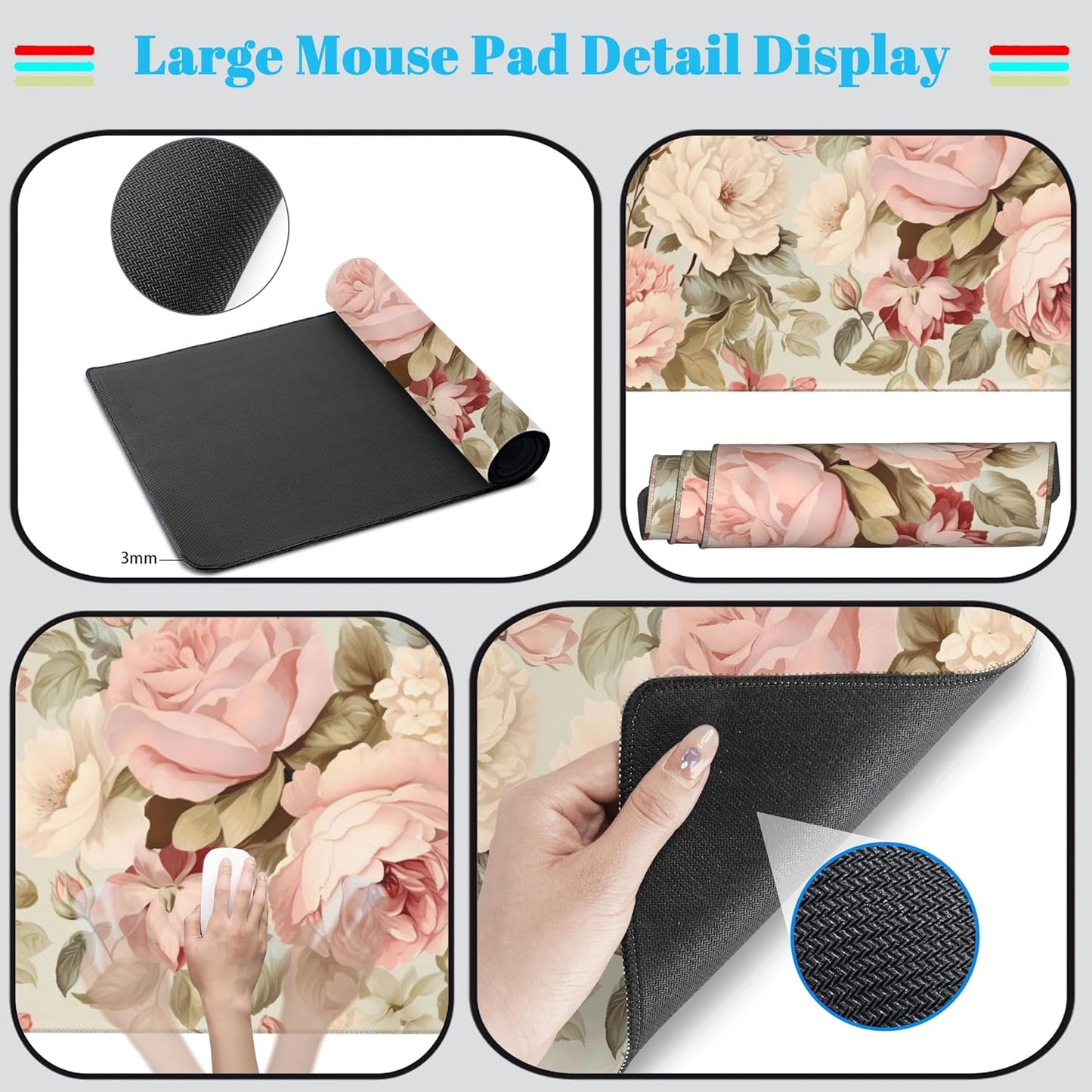 Cute Floral Desk Mat Pastel Roses Gaming Mouse Pad XXL Large Extended Flowers Desk Pad, Laptop Keyboard and Mouse Mat with Stitched Edges, Women Computer Desktop Mat Gamer Playmat 31.5x15.7 in