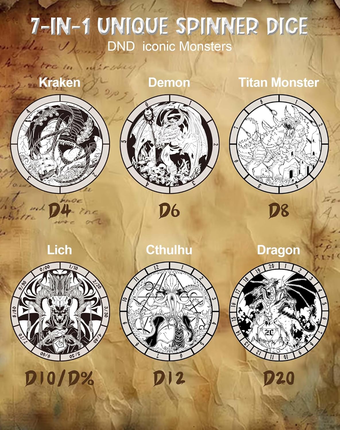 Kabinka Spinner Dice for 7 in 1 DND Dice Set, Unique Metal Dice for Dungeons and Dragons RPG Role Playing Gaming (Bronze)