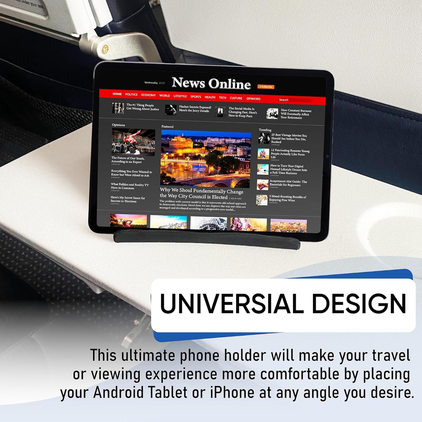 Airplane Travel Essentials for Flying Flex Flap Cell Phone Holder & Flexible Tablet Stand for Desk, Bed, Treadmill, Home & in-Flight Airplane Travel Accessories - Travel Must Haves Cool Gadgets (XL)