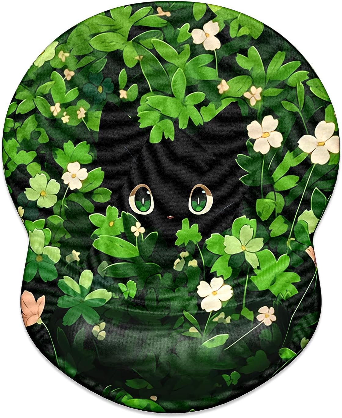 ITNRSIIET Ergonomic Mouse Pad with Gel Wrist Support Small Wrist Rest Smooth Surface Non-Slip PU Base Comfortable Office Supplies Pain Relief, 8.7 x 7.2 inches, Green Leave Cat