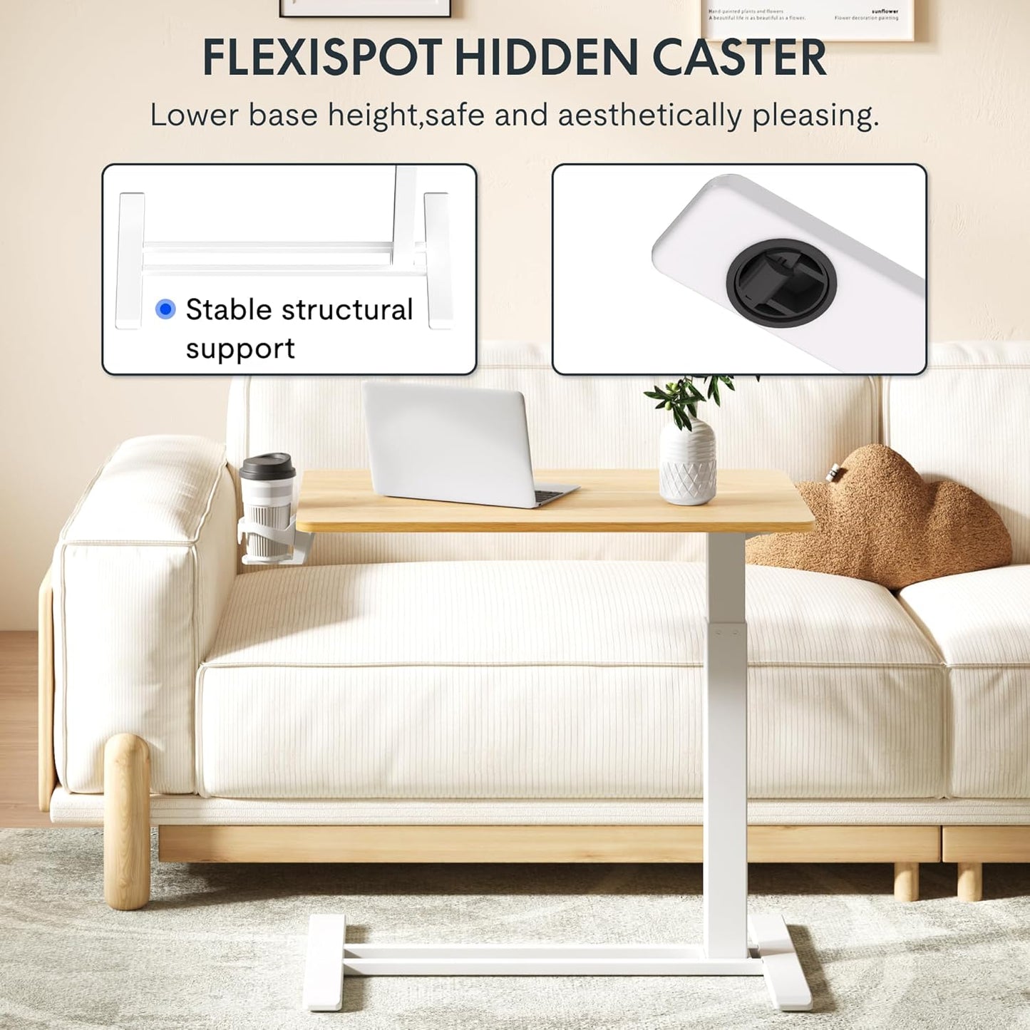 FLEXISPOT H7 Adjustable Overbed Bedside Table with Wheels Pneumatic Mobile Standing Desk Laptop Desk Rolling Computer Cart Movable Table Hospital Home Use(31.5" W x 17.7" D, Maple Large)