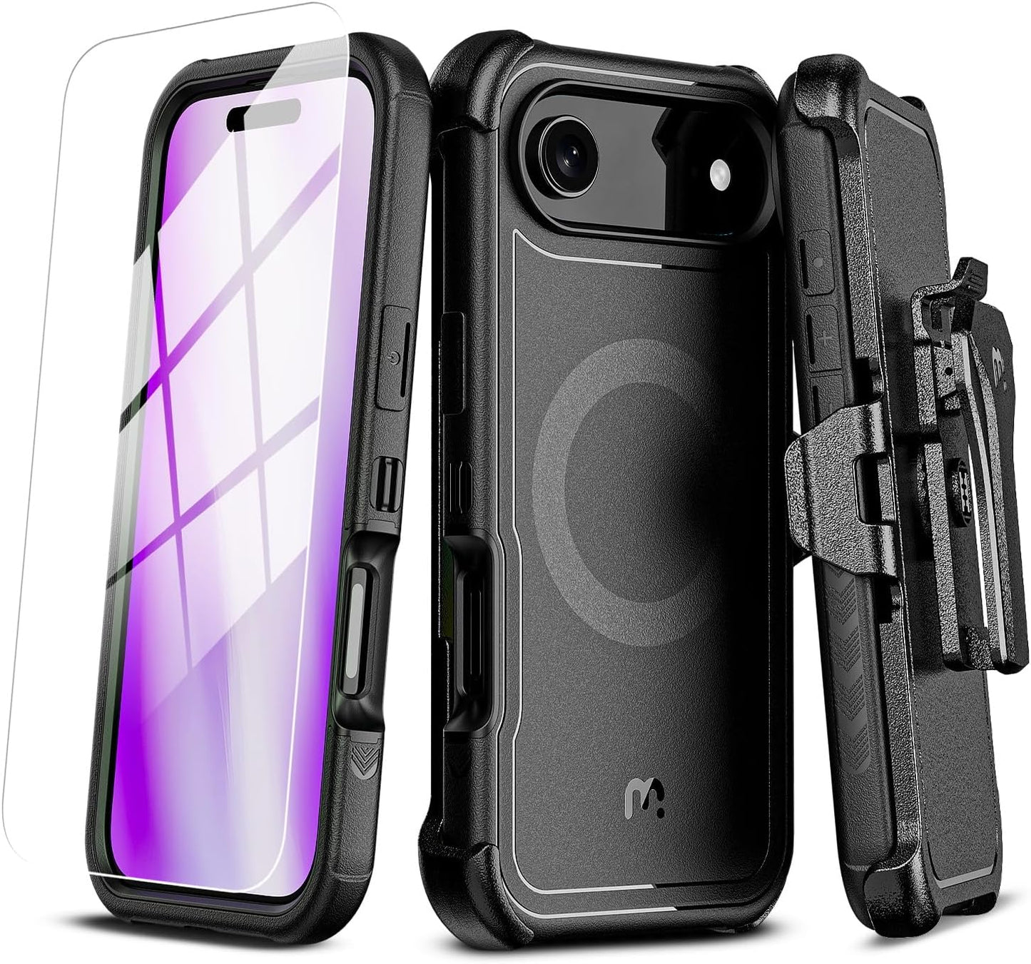 M MYBAT PRO for iPhone Air Case with Belt Clip Holster, [Compatible with Magsafe] w/Screen Protector, Anti-Drop, Shockproof, w 360°Rotating Kickstand,Heavy Duty Protection (Black)