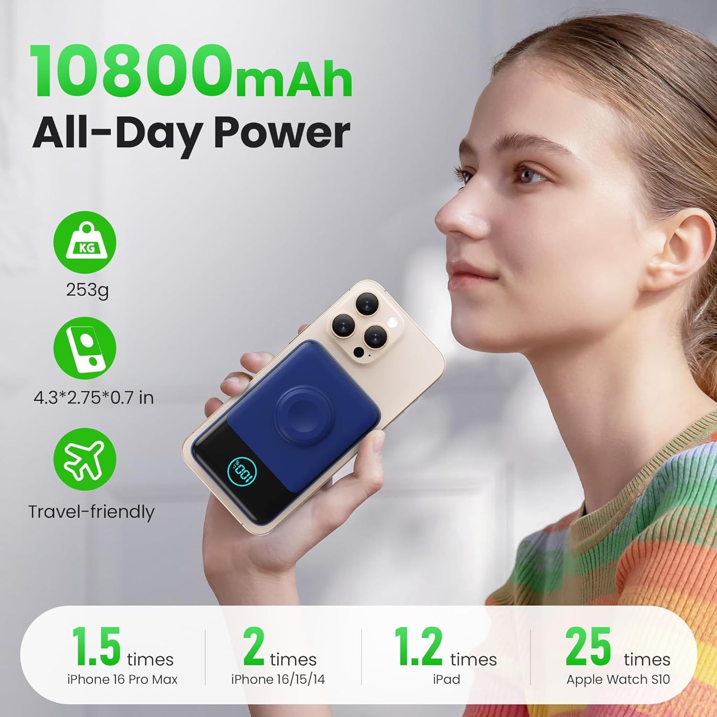 Magnetic Portable Charger for iPhone, 3-in-1 10800mAh Qi2 15W Wireless Power Bank with iWatch Charger,30W PD Fast Charging USB-C LCD Display Battery Pack for Magsafe,iPhone 16/15/14/13/12, Apple Watch