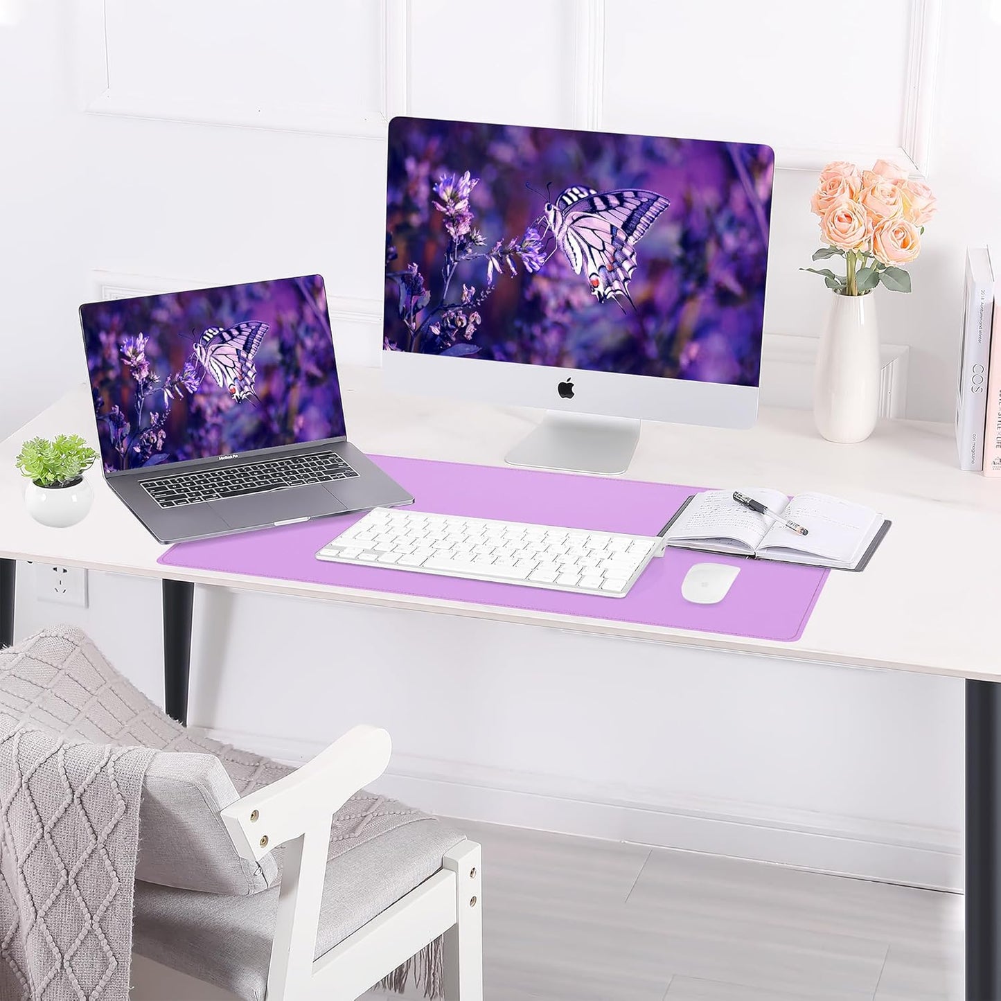 Leather Desk pad Protector, Large Desk mat with Natural Cork & PU Leather,Mouse pad,Non-Slip Office Desk Mat,Waterproof Desk Writing Pad for Office and Home (31.5in*17in,Purple)