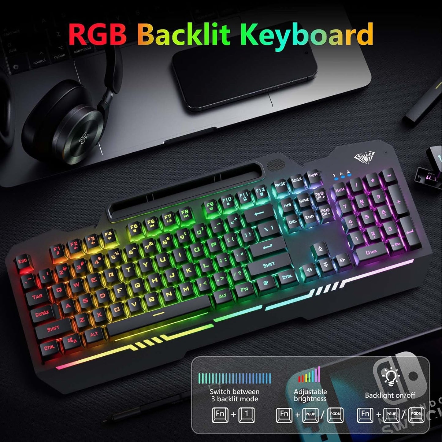 AULA Gaming Keyboard, T102 104 Keys Gaming Keyboard and Mouse Combo with RGB Backlit, All-Metal Panel, Anti-Ghosting, PC Game Keyboard and Mouse, USB Wired Keyboard Mouse for MAC Xbox PC Gamers