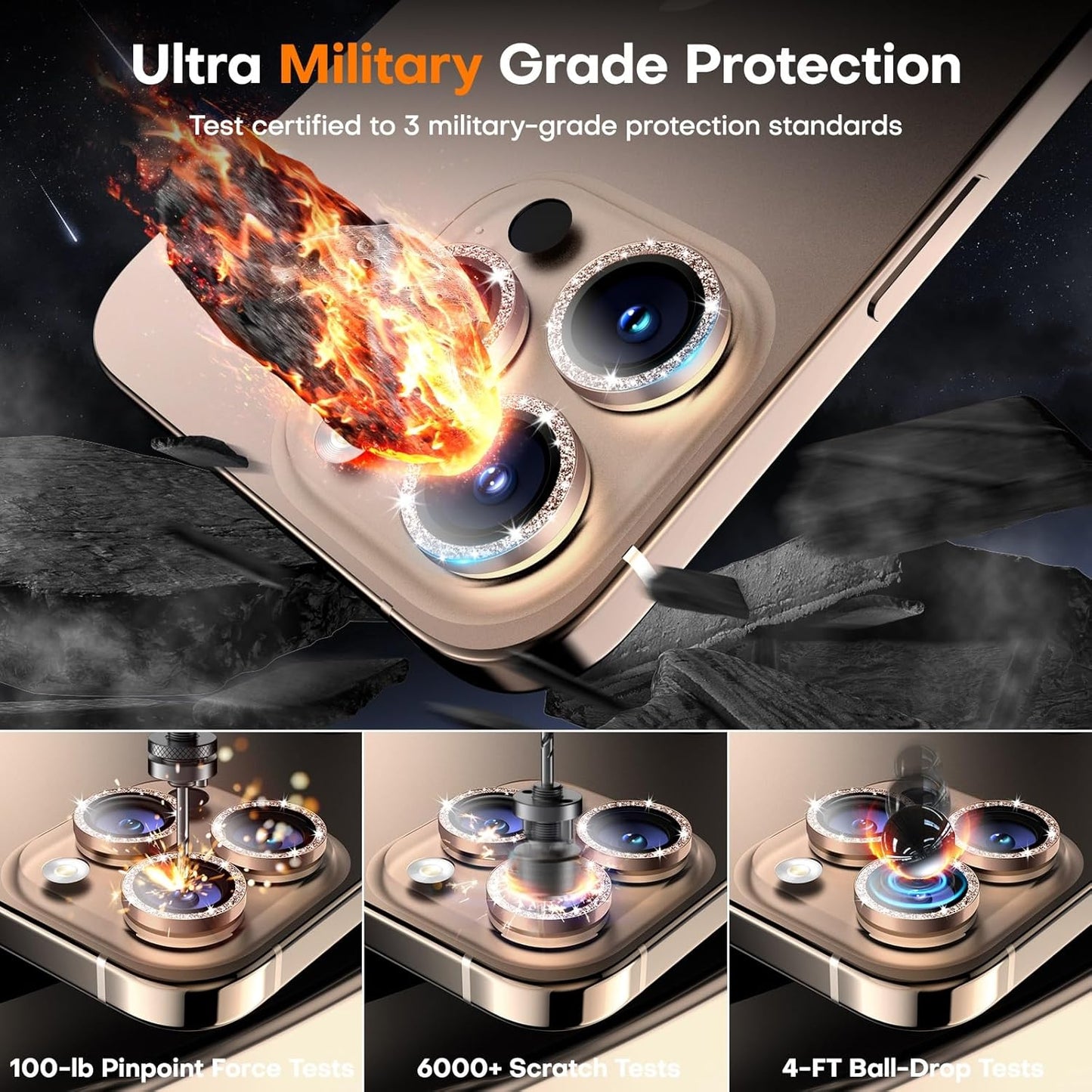 Camera Lens Protector for iPhone 16 Pro Max/16 Pro/15 Pro Max/15 Pro/14 Pro Max/14 Pro, Sapphire Glass Metal Individual Camera Cover Screen, Anti-drop, Case Friendly- Glitter Desert Titanium