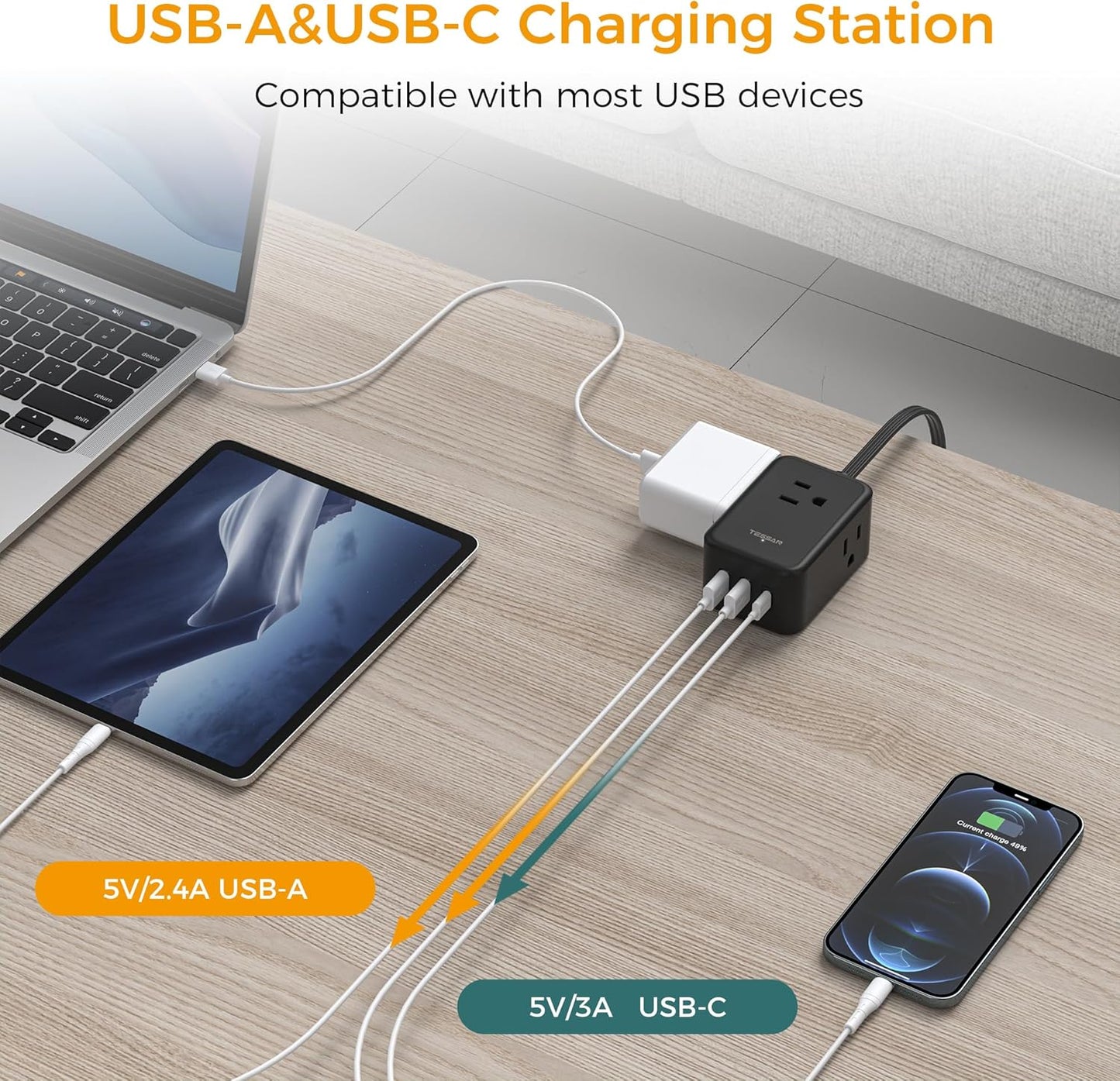 Flat Black Extension Cord, TESSAN Ultra Thin Power Strip with 3 USB Wall Charger (1 USB C), 3 Outlets Small Charging Station, 5 ft Slim Plug for Cruise Travel Office School Dorm Room Essentials