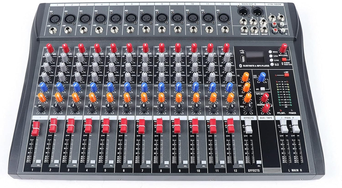 Pro 12 Channels Live Audio Mixer Bluetooth USB DJ Sound Mixing Console with 3 Stage Equalization Regulate 6 Modes Of Music for Family Ktv,Campus Speech,Meeting