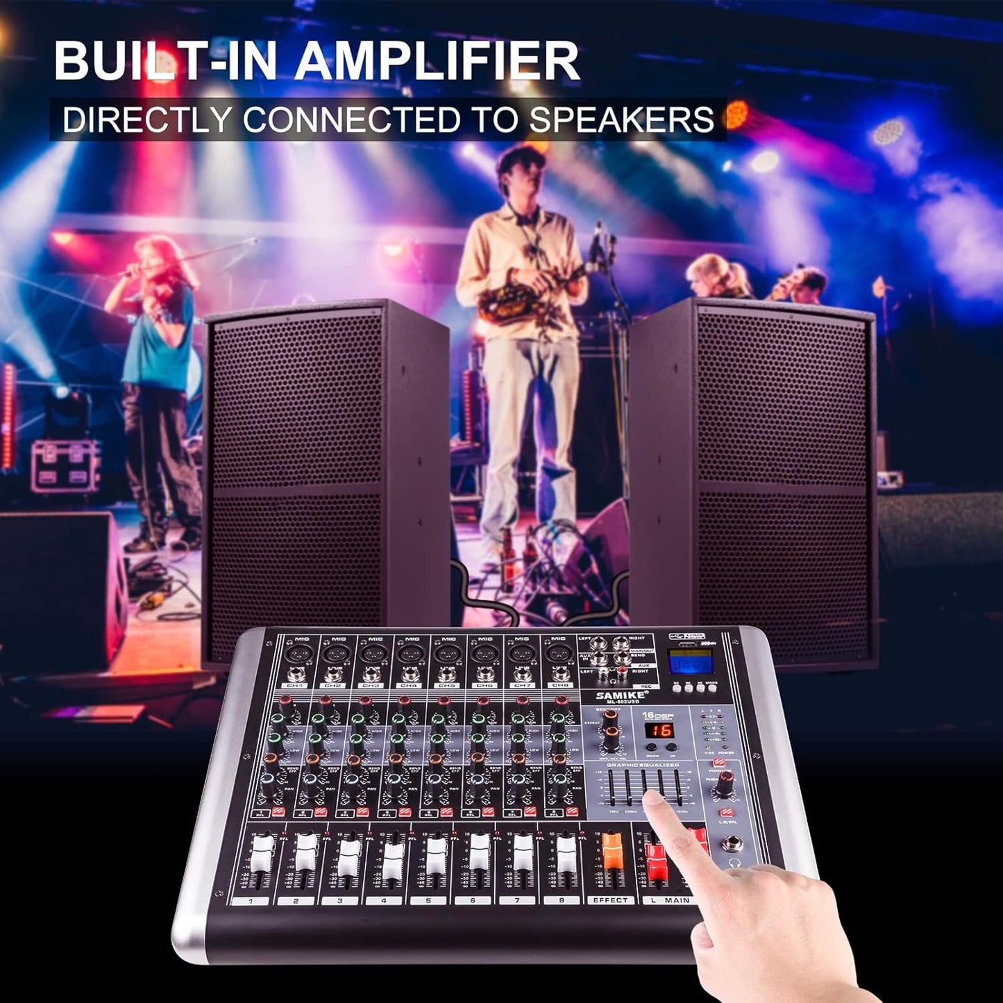 Mixers Audio 8 Channel Mixer Power Mixer Amplifier 2 * 300 Watt Output Dj Mixer Board with 16 Kinds of DSP Reverb Sound Mixers for Speakers