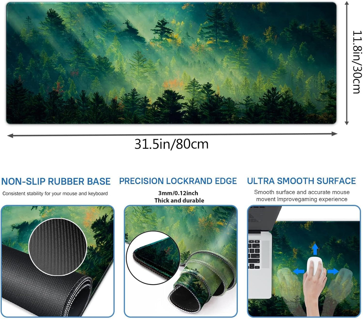 Galdas Mouse Pad,Office Desk Mat Large Gaming Keyboard Pad Durable Stitched Edges Washable Smooth Surface Control & Accuracy Extended Computer Mouse Mat (31.5X11.8In)-Green Forest…