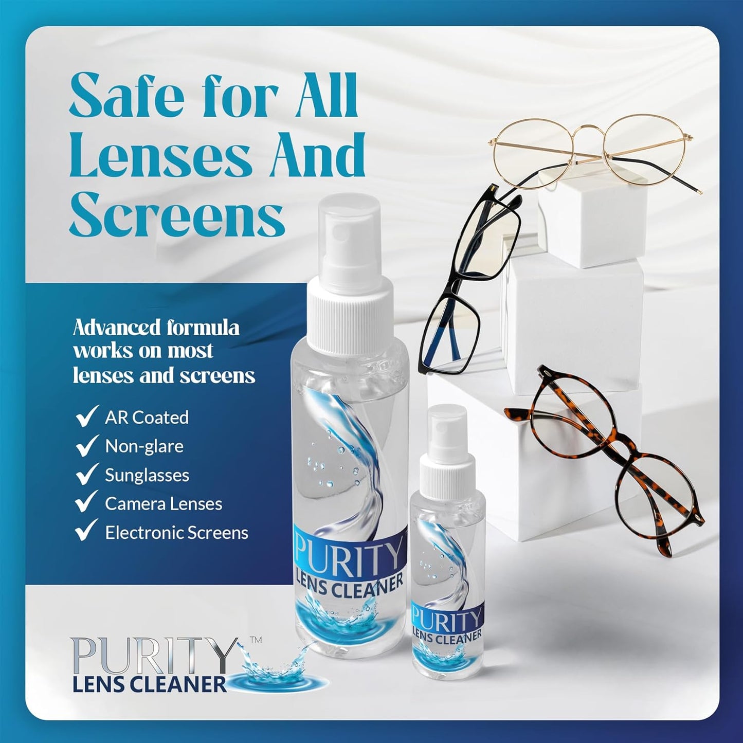 Purity Eyeglass Cleaner Mega Pack - Multi-Size Lens Cleaner Kit - 2x2oz, 3x8oz Bottles + 5 Black Premium Microfiber Cloths - Safe for All Lenses, Eyeglasses, and Screens - Streak-Free Formula