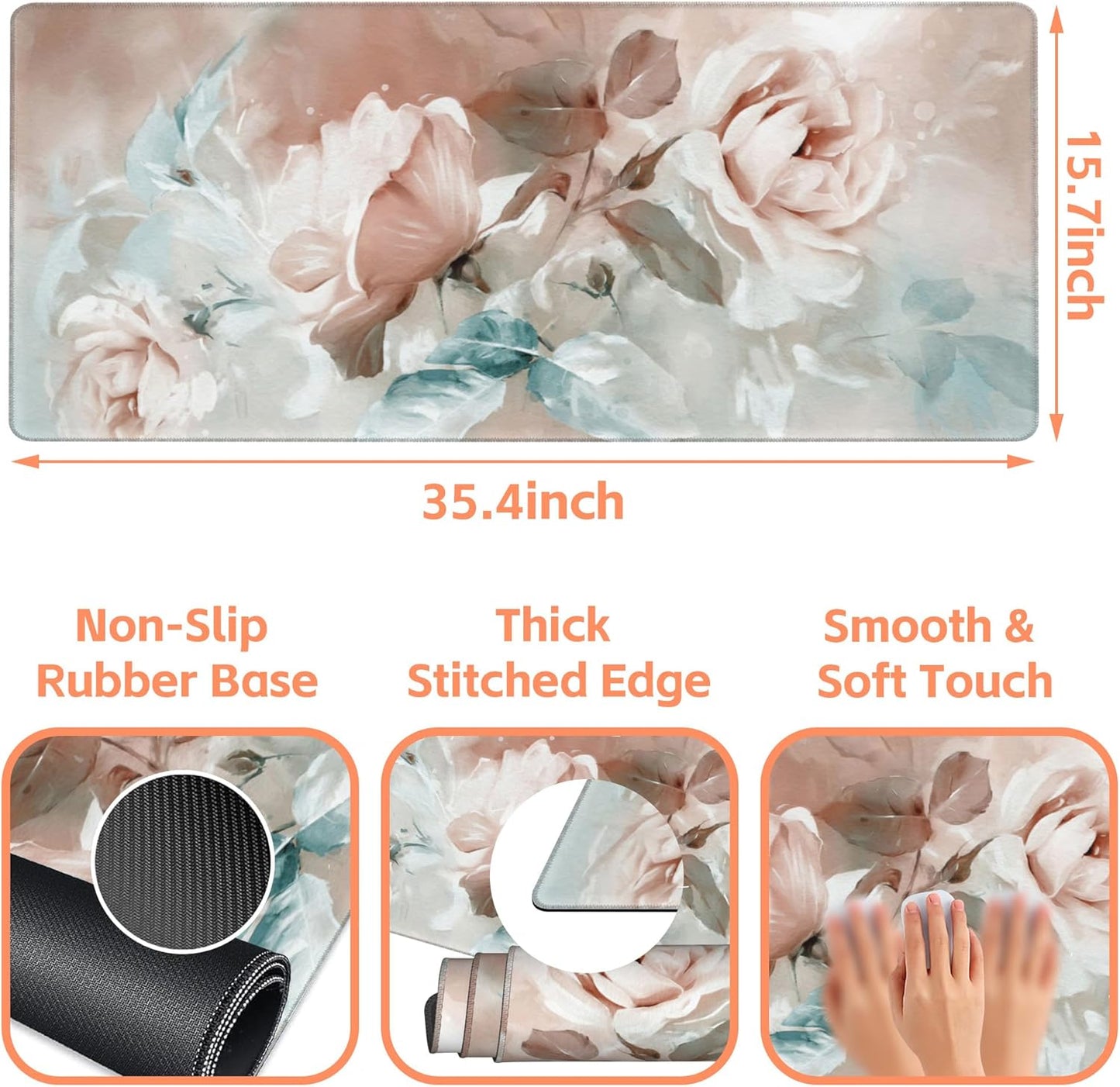 Mouse Pad Large Rose and Leaves Non-Slip Game Desk Mat with Stitched Edge Laptop Keyboard Desk Pad for Work Home Gaming (35.4 x 15.7 Inches)