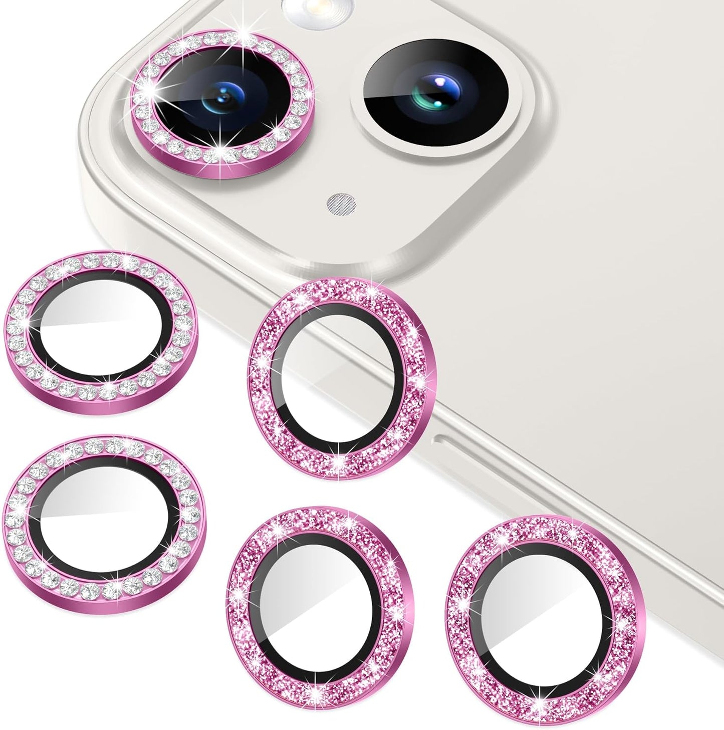 AGVEE 3+3 6 Pack for iPhone 14 6.1" / 14 Plus 6.7" Camera Lens Cover Protector, Bling Diamond & Bling Glitter Metal Ring 9H Tempered HD Glass Camera Cover Protector Film, Bling-Rose