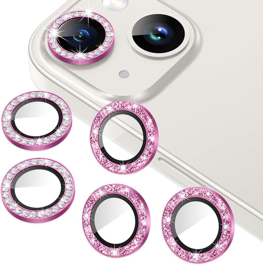 AGVEE 3+3 6 Pack for iPhone 14 6.1" / 14 Plus 6.7" Camera Lens Cover Protector, Bling Diamond & Bling Glitter Metal Ring 9H Tempered HD Glass Camera Cover Protector Film, Bling-Rose