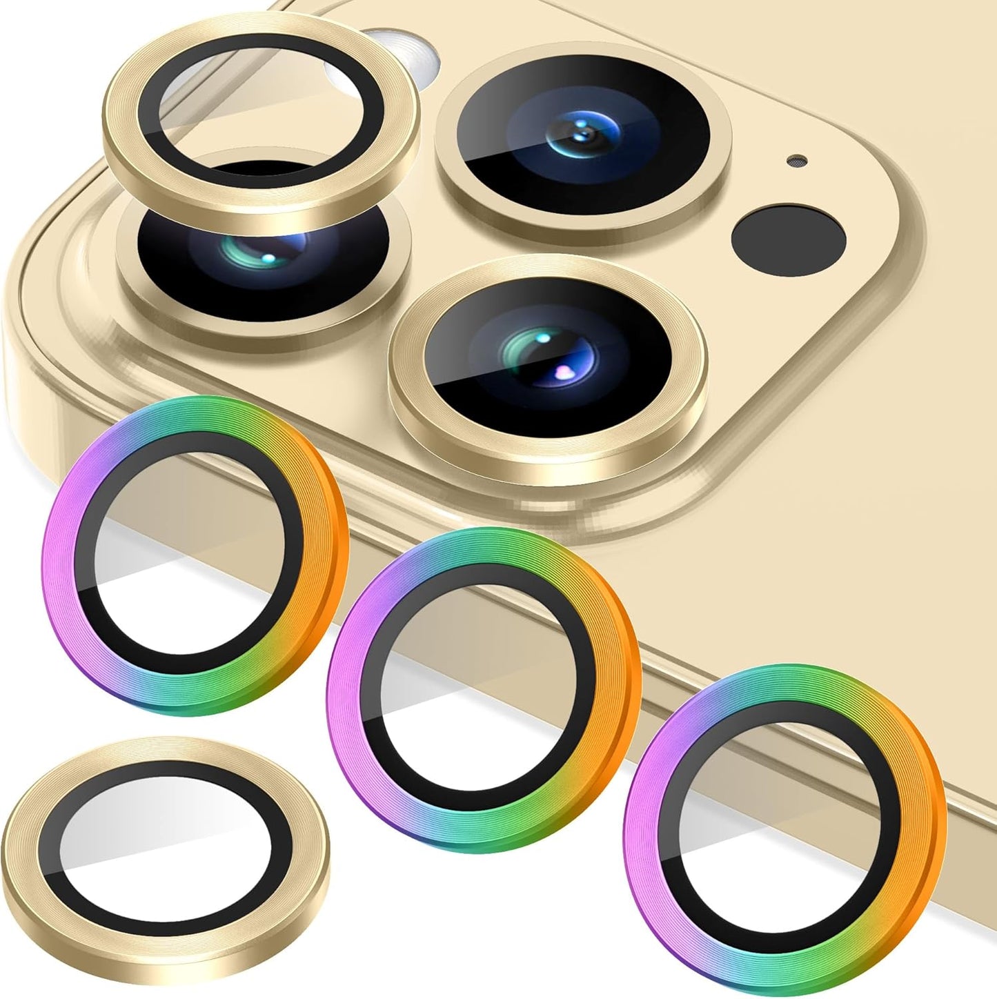 AGVEE 3+3 for iPhone 14 Pro 6.1" / 14 Pro Max 6.7" Camera Lens Protector, Brushed Metal Ring 9H Tempered HD Glass Camera Protector Cover Film, Gold