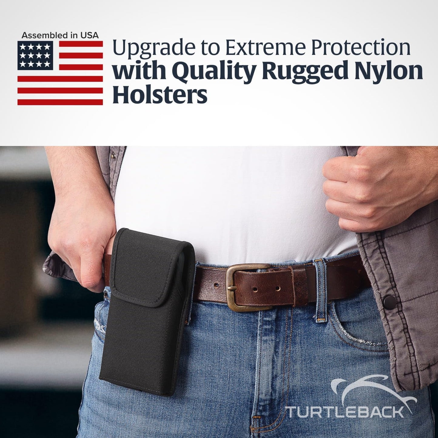 Turtleback Belt Clip for iPhone 16 Pro, 16e, 15 pro 14 Pro 13 Pro -Medium- Fits w/Shockproof Commuter Style Cases - Premium Black Nylon, Vertical Belt Holder, Magnetic Closure, HD Rotating Clip