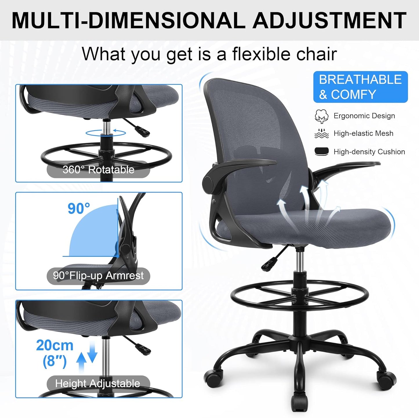 Primy Drafting Chair Tall Office Chair with Flip-up Armrests Executive Ergonomic Computer Standing Desk Chair with Lumbar Support and Adjustable Footrest Ring（Dark Gray）