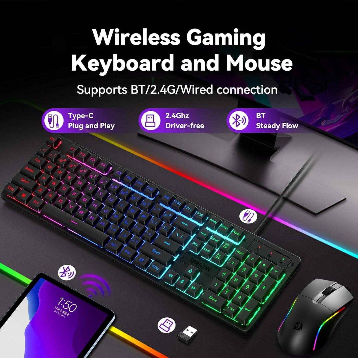Redragon S107KS Wireless Gaming Keyboard and Mouse, RGB Backlit, 3 Mode (Wired/2.4G/BT), Up to 10,000 DPI Gaming Mouse with Software, Ultra Lightweight 65g, 25 Key Anti-Ghosting Keyboard for PC