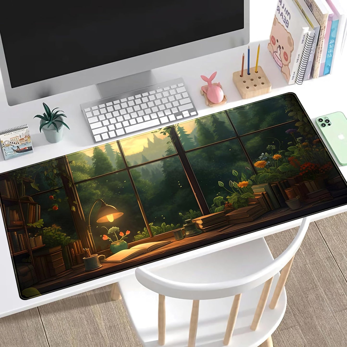 Anime Dark Green Plants Desk Mat Cute XXL Large Extended Mouse Pad Gaming, Lofi Aesthetic Computer Laptop Keyboard and Mouse Mat, Desk Accessories for Women Office Decor Mousepad, 31.5x15.75 in